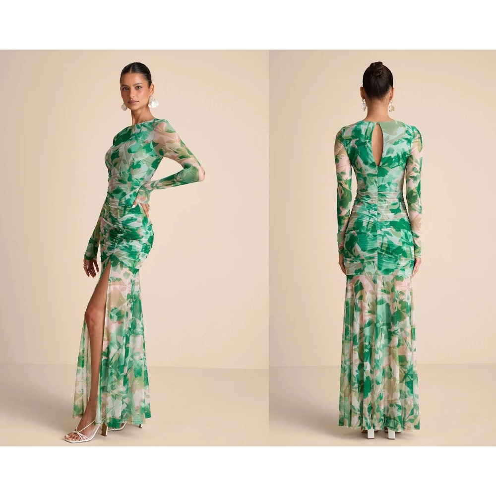 Lulus Vibrant Poise Green Floral Print Mesh Ruched Maxi Dress Size XS